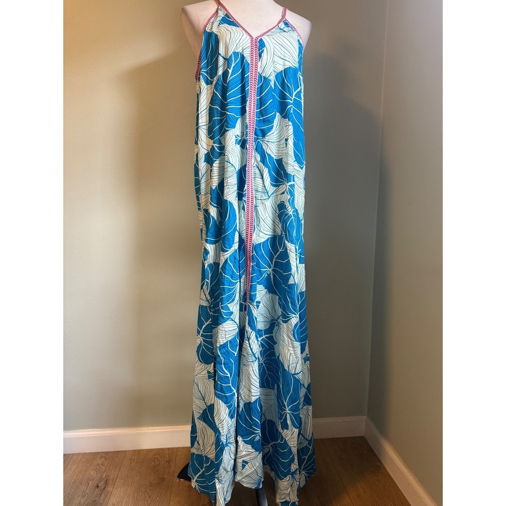 AMERICA & BEYOND Tropical Leaf Print Maxi Dress Blue White resort boho flowy y2k